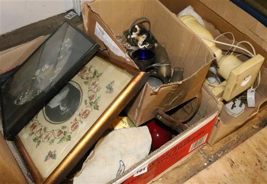 3 alabaster marble table lamps, butter pat, costume jewellery etc